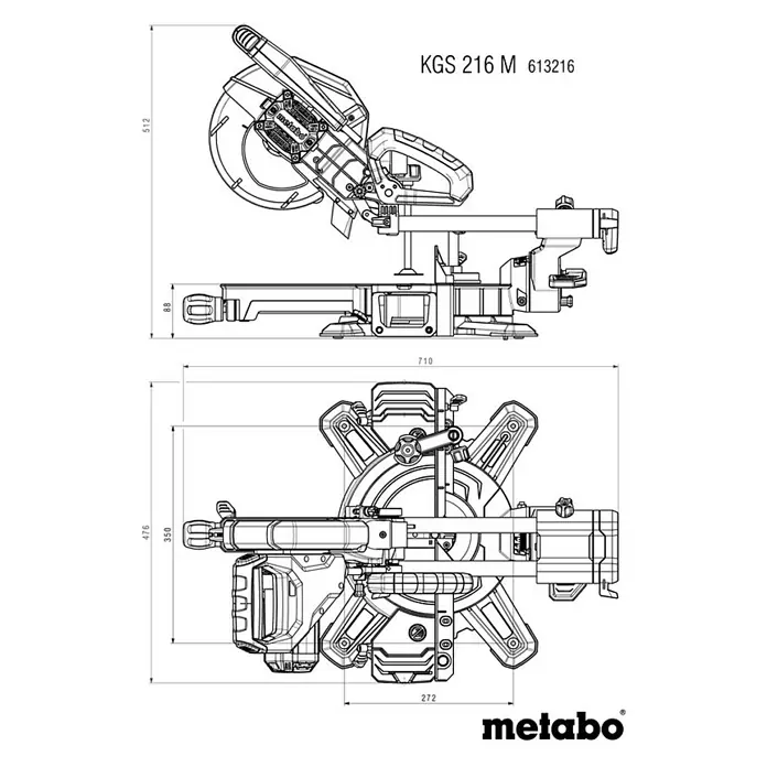 Metabo Kapp- & Gehrungssäge KGS 216 M Set - 1.500 W, Durchmesser Sägeblatt: 216 mm, Leerlaufdrehzahl: 5.000 U/min - Abbildung einer Metabo KGS 216 M Kapp- und Gehrungssäge, mit detaillierten Maßangaben für Höhe, Breite und Tiefe des Produkts.