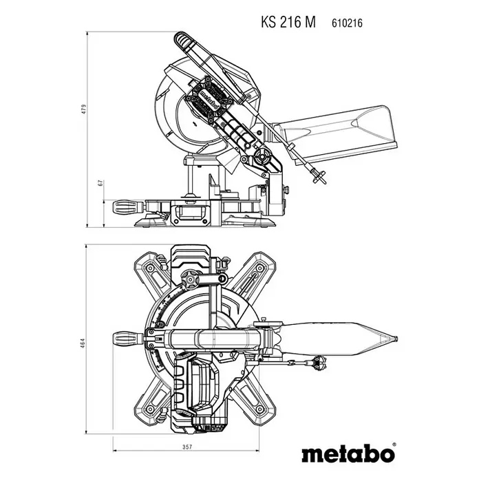 Metabo Kapp- & Gehrungssäge KS 216 M - 1.100 W, Durchmesser Sägeblatt: 216 mm, Leerlaufdrehzahl: 5.000 U/min - Abbildung der Metabo KS 216 M Kappsäge mit Maßangaben, ideal für präzise Holzzuschnitte.