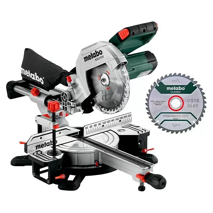 Metabo Sierra ingletadora KGS 216 M Set - 1.500 W, Diámetro hoja de sierra: 216 mm, Número de revoluciones de marcha en vacío: 5.000 r.p.m. - Sierra ingletadora Metabo KGS 216 M con hoja circular para corte de madera de precisión, con detalles plateados, verdes y rojos.