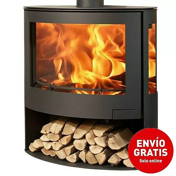 Panadero Estufa de leña Iris - 7,8 kW, Volumen de calefacción: 240 m³, Negro - Estufa de leña gris oscuro con puerta de cristal que muestra llamas y compartimento inferior lleno de leña.