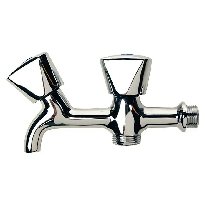Grifo doble para lavadora - Rosca exterior: ¾'' × ½'', Cromado - Grifo doble cromado con dos manijas y conexiones roscadas para baño o cocina.