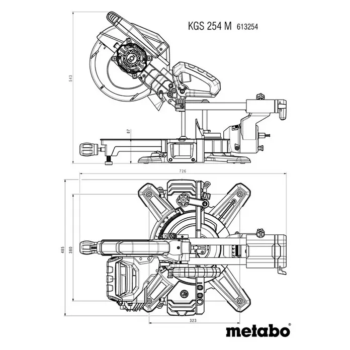 Metabo Kapp- & Gehrungssäge KGS 254 M - 1.800 W, Durchmesser Sägeblatt: 254 mm, Leerlaufdrehzahl: 4.500 U/min - Technische Zeichnung der Metabo KGS 254 M Kapp- und Gehrungssäge mit Maßangaben für detaillierte Produktinformationen.