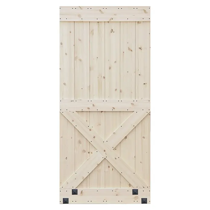 Radex Zierelement - 40 x 40 x 28 mm, Stahl, Schwarz matt - Eine helle Holztür mit X-förmigem Design, verziert mit dunklen Akzenten. Robustes, rustikales Design für einen einladenden Eingangsbereich.
