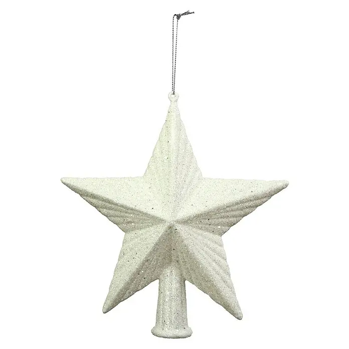 Christbaumspitze Glitzerstern - Länge: 19 cm, Weiß - Glitzernder weißer Stern-Weihnachtsbaumschmuck mit einer silbernen Aufhängeschnur, ideal für festliche Dekorationen.