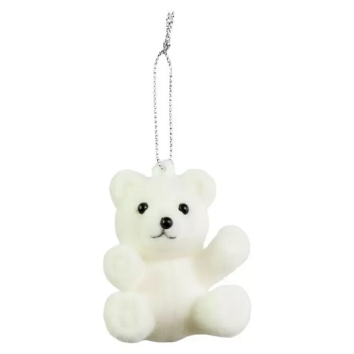 Christbaumschmuck Teddy - Weiß, Samt - Weißer flauschiger Teddybär-Ornament mit schwarzen Augen und Nase, an einer silbernen Schnur hängend.