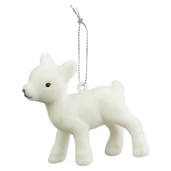 Christbaumschmuck Bambi - Weiß, Samt, 1 Stk. - Weiß beflockter Hirsch-Anhänger mit silberner Aufhängung.
