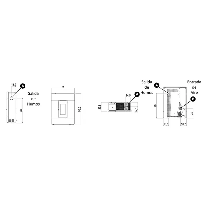 Estufa de pellets Pasillo 8 - 7 kW, Volumen de calefacción: 150 m³, 0,61 kg/h - 1,7 kg/h, Burdeos - Esquema de una estufa con dimensiones, incluyendo las posiciones de salida de humos (A) y entrada de aire (B), para ilustrar las dimensiones de la estufa.
