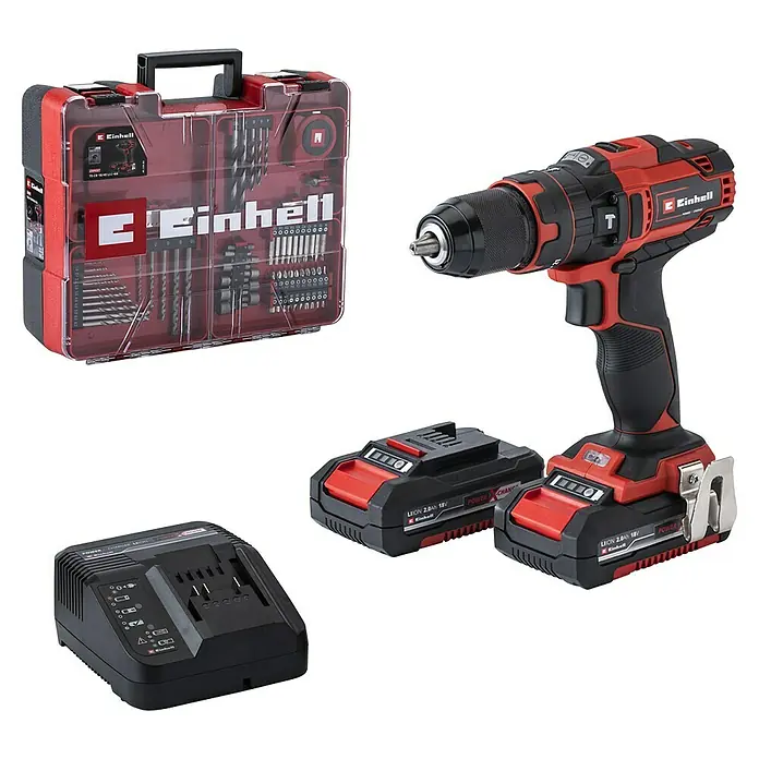 Einhell Power X-Change 18V Akku-Schlagbohrschrauber TE-CD 18/40 Li-i +6418 V, 2 Akkus, 2 Ah - Akkuschrauber-Set von Einhell mit Bohrer-Set, zwei Akkus und Ladegerät für vielfältige Schraub- und Bohrarbeiten.