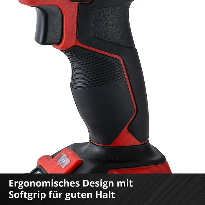 Einhell Power X-Change 18V Akku-Schlagbohrschrauber TE-CD 18/40 Li-i +64 - 18 V, 2 Akkus, 2 Ah, 40 Nm - Nahaufnahme eines Akkuschraubers mit ergonomischem Softgriff für sicheren Halt bei der Arbeit.