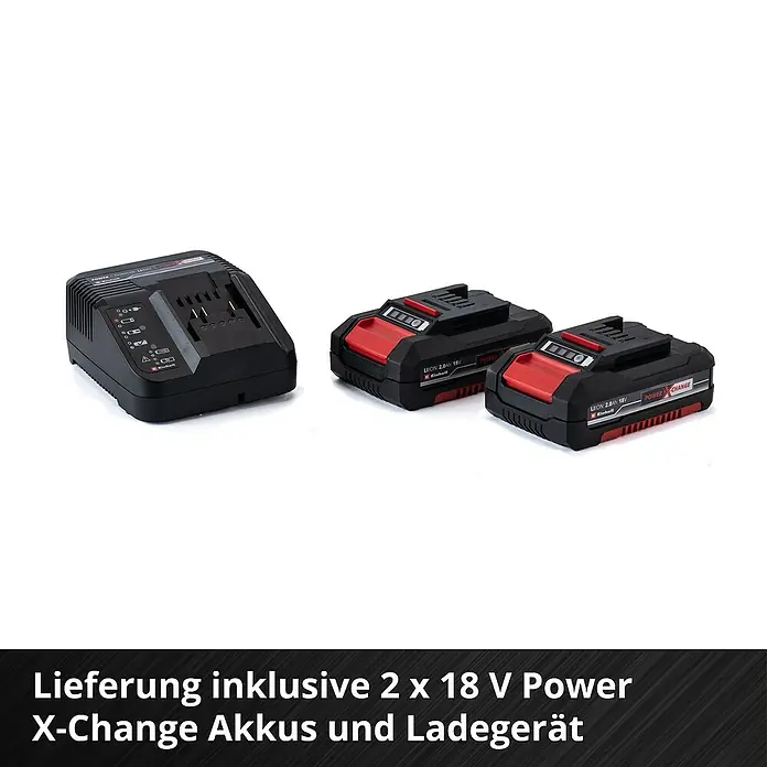 Einhell Power X-Change 18V Akku-Schlagbohrschrauber TE-CD 18/40 Li-i +64 - 18 V, 2 Akkus, 2 Ah, 40 Nm - Abbildung eines Einhell Power X-Change Akku-Sets mit Ladegerät und zwei 18V Akkus.