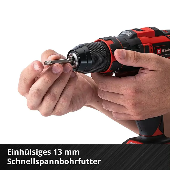 Einhell Power X-Change 18V Akku-Schlagbohrschrauber TE-CD 18/40 Li-i +64 - 18 V, 2 Akkus, 2 Ah, 40 Nm - Akku-Bohrschrauber im Detail: Das 13 mm Schnellspannbohrfutter ermöglicht schnellen Werkzeugwechsel.