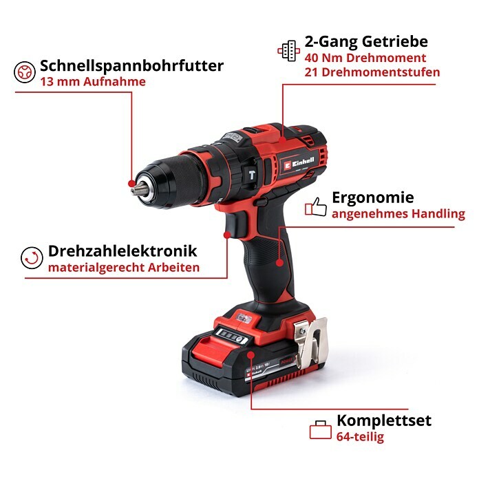 Einhell Power X-Change 18V Akku-Schlagbohrschrauber TE-CD 18/40 Li-i +64 (18 V, 2 Akkus, 2 Ah) | BAUHAUS