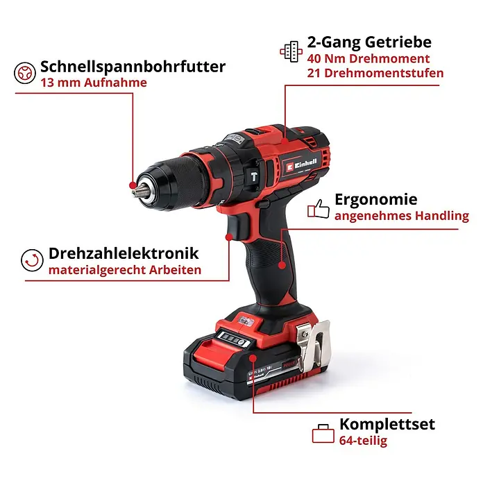 Einhell Power X-Change 18V Akku-Schlagbohrschrauber TE-CD 18/40 Li-i +64 - 18 V, 2 Akkus, 2 Ah, 40 Nm - Ein roter Einhell Akku-Bohrschrauber mit detaillierten Beschreibungen seiner Funktionen und Eigenschaften.