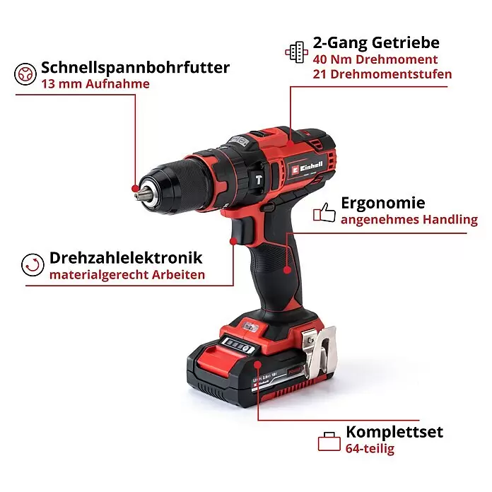 Einhell Power X-Change 18V Akku-Schlagbohrschrauber TE-CD 18/40 Li-i +6418 V, 2 Akkus, 2 Ah