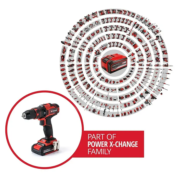 Einhell Power X-Change 18V Akku-Schlagbohrschrauber TE-CD 18/40 Li-i +64 - 18 V, 2 Akkus, 2 Ah, 40 Nm - Einhell Akku-Bohrschrauber, Teil der Power X-Change Familie. Rotes und schwarzes Design, umgeben von weiteren Werkzeugen des Systems.