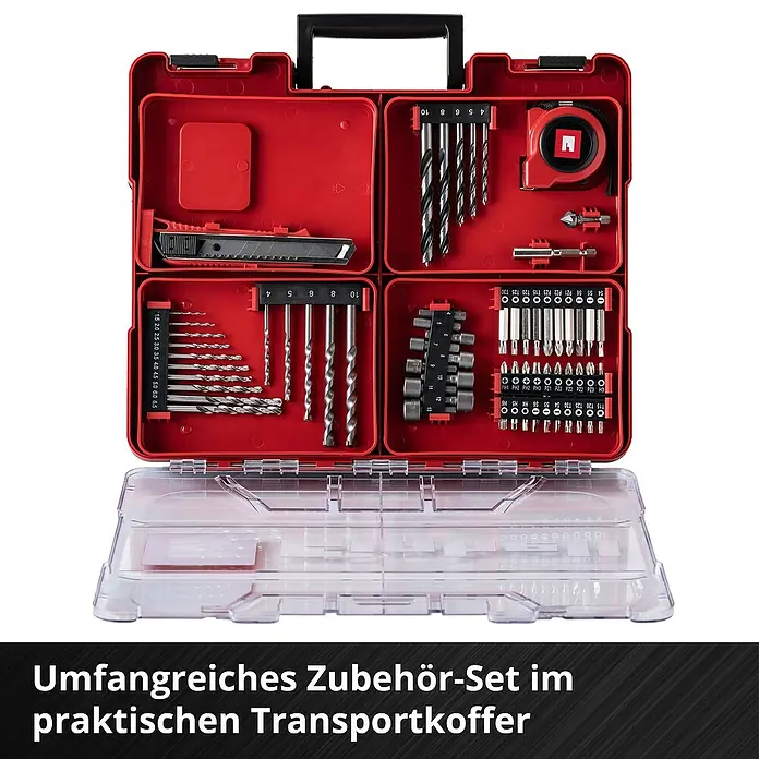 Einhell Power X-Change 18V Akku-Schlagbohrschrauber TE-CD 18/40 Li-i +64 - 18 V, 2 Akkus, 2 Ah, 40 Nm - Ein roter Werkzeugkoffer mit verschiedenen Bohrern, Bits und Messwerkzeugen, ideal für Heimwerker und Profis.