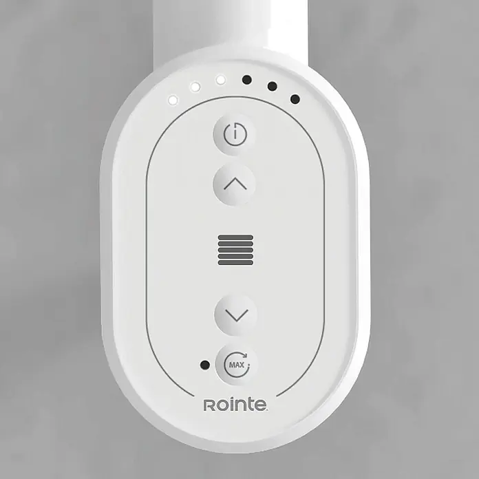 Rointe Radiador toallero eléctrico Lisse Oval - An x Al: 50 x 90,5 cm, 500 W, Blanco - Primer plano de los controles del calentador ROINTE, con varios botones e indicadores para ajustar la potencia de calefacción.