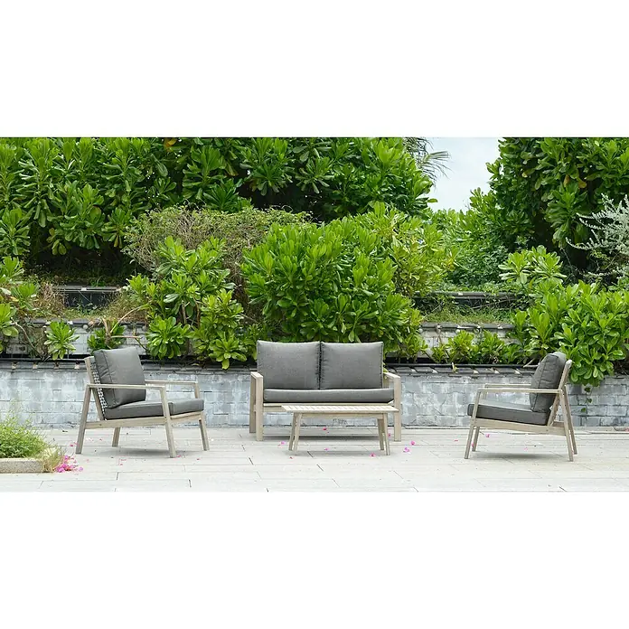 Sunfun Conjunto de muebles Chenoa - 4 pzs., Madera de acacia, Marrón - Elegante juego de muebles de jardín gris con dos sillones y un sofá de madera clara, ideal para momentos de relax.