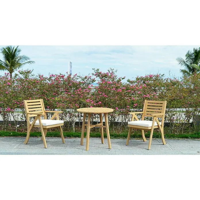 Sunfun Conjunto de muebles de balcón Siena - 3 pzs., Madera de acacia, Marrón - Elegante conjunto de muebles de jardín con mesa de madera y dos sillas con cómodos cojines de asiento. Perfecto para relajarse al aire libre.
