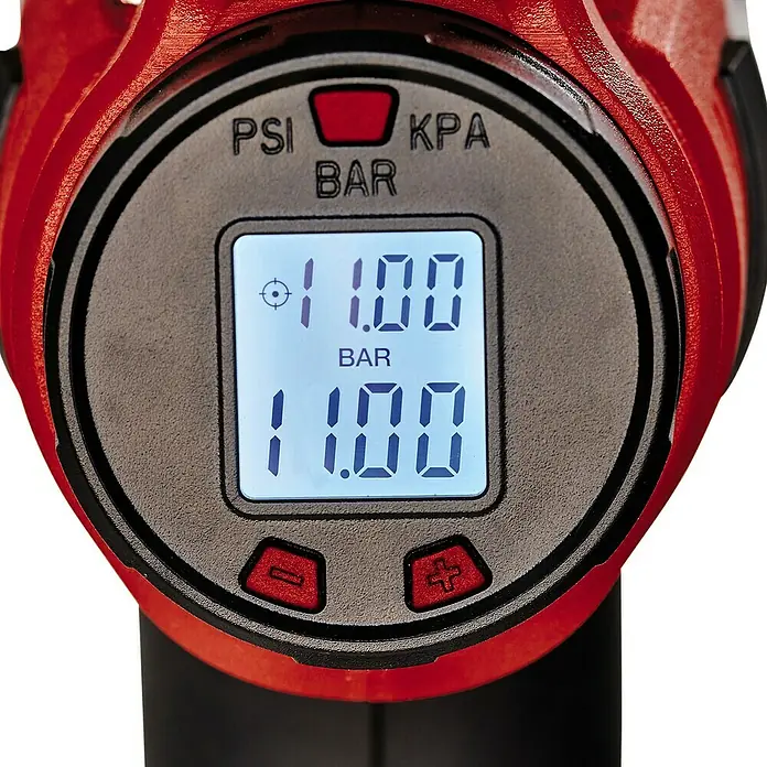 Einhell PXC 18V Compresor de batería CE-CC 18 Li-Solo - 18 V, Sin batería, 11 bar - Primer plano del visor de una bomba de aire roja que muestra 1.00 BAR.