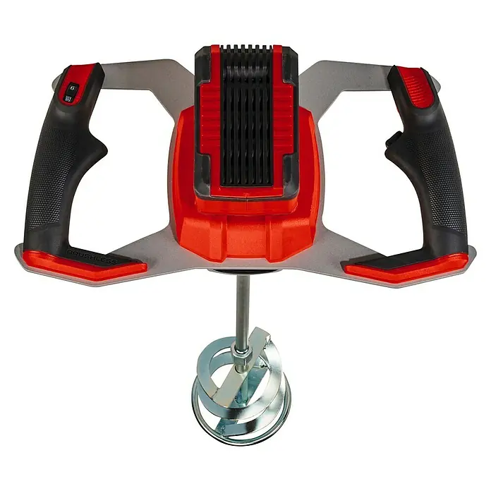 Einhell Professional Power X-Change 18V Farb- & Mörtelmischer TP-MX 18-2 Li BL Solo - 18 V, Ohne Akku, Durchmesser Rührer: 120 mm, M 14 - Nahaufnahme eines roten und schwarzen Akku-Rührwerks, ein Werkzeug zum Mischen von Farben und Mörtel, vor einem schwarzen Hintergrund.