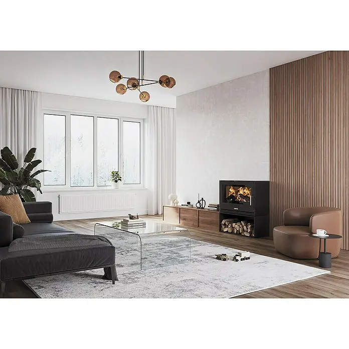 Justus Kaminofen Dias XL - 8 kW, Raumheizvermögen: 182 m³, Material Verkleidung: Stahl - Wohnzimmer mit einem schwarzen Jøtul Kaminofen, der für Wärme und Atmosphäre sorgt, ergänzt durch moderne Möbel und stilvolle Dekoration.