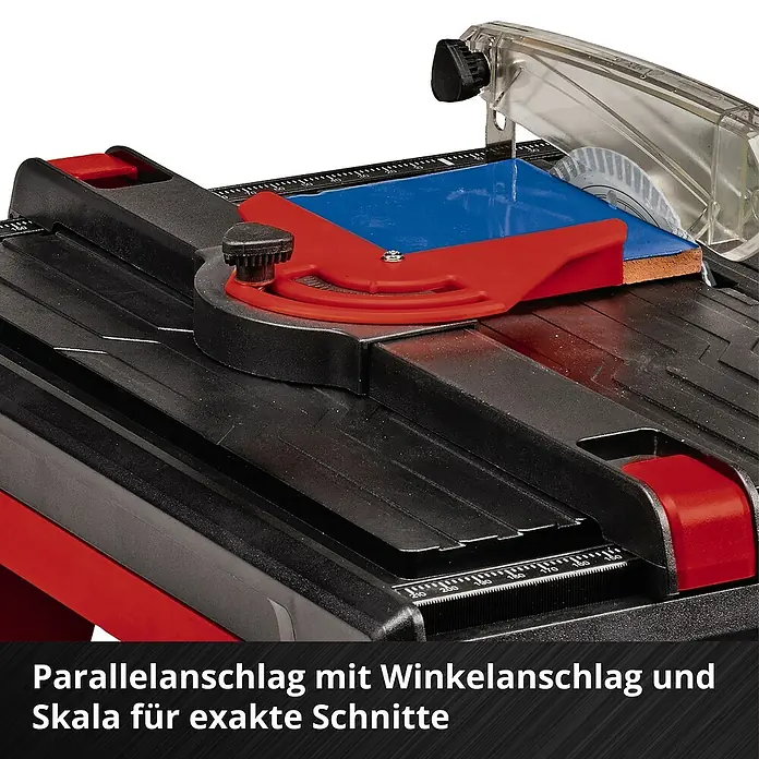 Einhell Power X-Change 18V Akku-Fliesenschneider TE-TC 18/115 - 18 V, Ohne Akku, Schnitttiefe bei 90 °: 24 mm - Bild einer Fliesenschneidmaschine mit Parallelanschlag, Winkelanschlag und Skala für exakte Schnitte.