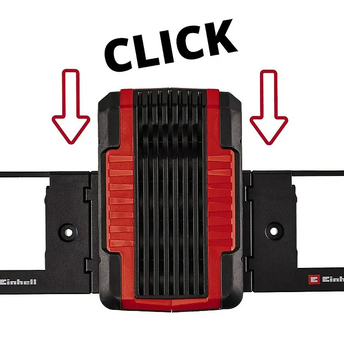 Einhell Power X-Change 18V Wandhalterung PXC - Passend für: Einhell Power X-Change 18V Akkus, 2 Stk. - Ein rotes und schwarzes Einhell Produkt mit zwei Pfeilen, die auf die Klickfunktion hinweisen.