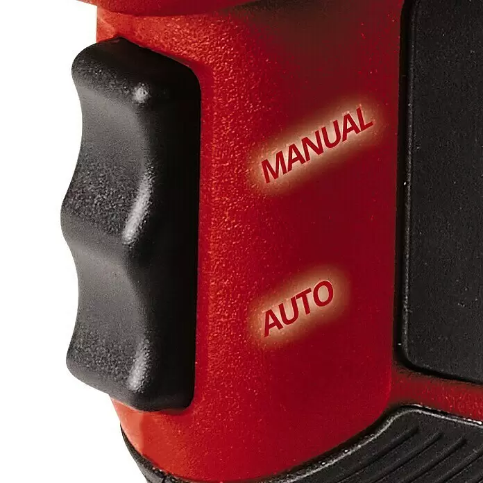 Einhell PXC 18V Compresor de batería CE-CC 18 Li-Solo - 18 V, Sin batería, 11 bar - Carcasa roja con interruptor de selección de modo negro. El texto iluminado 'MANUAL' y 'AUTO' indica la función.