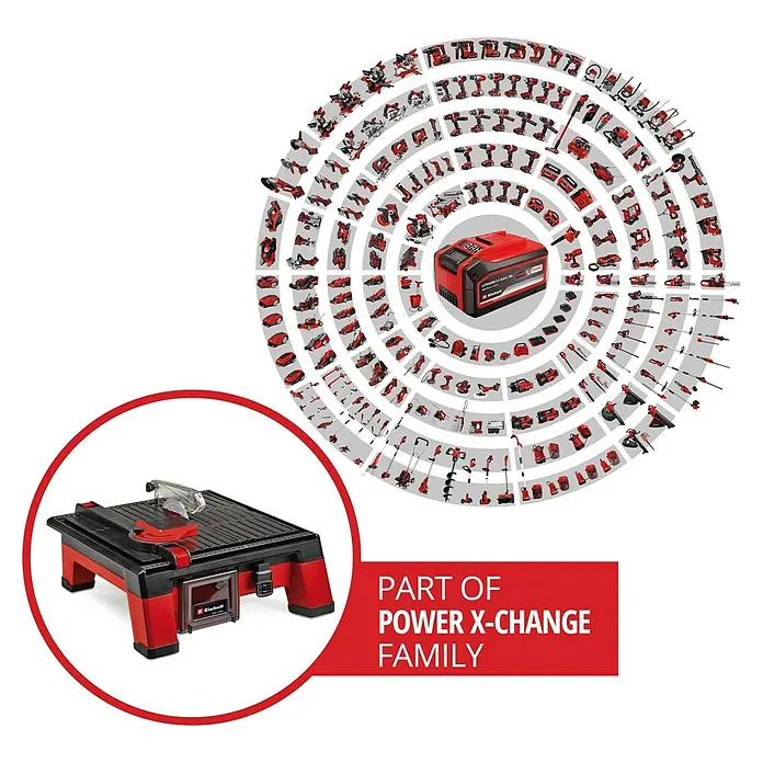 Einhell Power X-Change 18V Akku-Fliesenschneider TE-TC 18/115 - 18 V, Ohne Akku, Schnitttiefe bei 90 °: 24 mm - Abbildung einer Einhell Fliesenschneidmaschine mit Power X-Change Akku und Produktfamilie im Hintergrund.