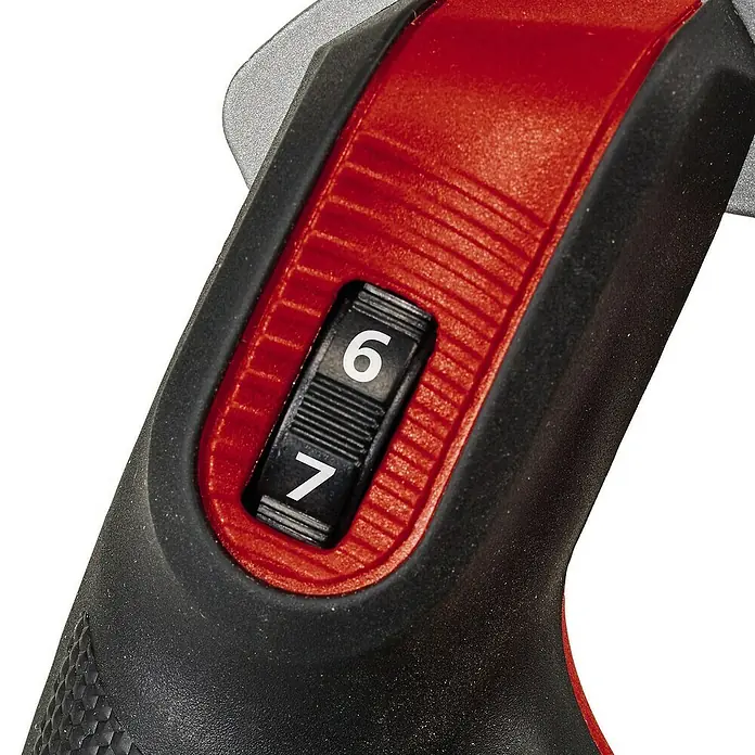 Einhell Professional Power X-Change 18V Farb- & Mörtelmischer TP-MX 18-2 Li BL Solo - 18 V, Ohne Akku, Durchmesser Rührer: 120 mm, M 14 - Detailaufnahme eines Elektrowerkzeugs mit rotem Griff und Drehschalter, der auf Stufe 6 eingestellt ist.