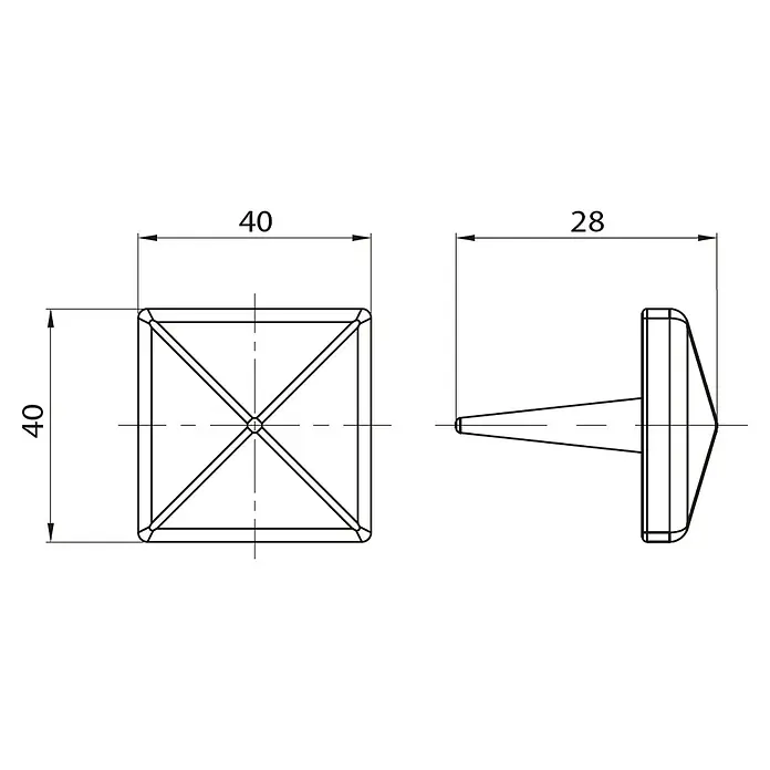 Radex Zierelement - 40 x 40 x 28 mm, Stahl, Schwarz matt - Technische Zeichnung eines quadratischen Möbelfußes mit Maßen, die seine Konstruktion und Abmessungen detailliert beschreiben.