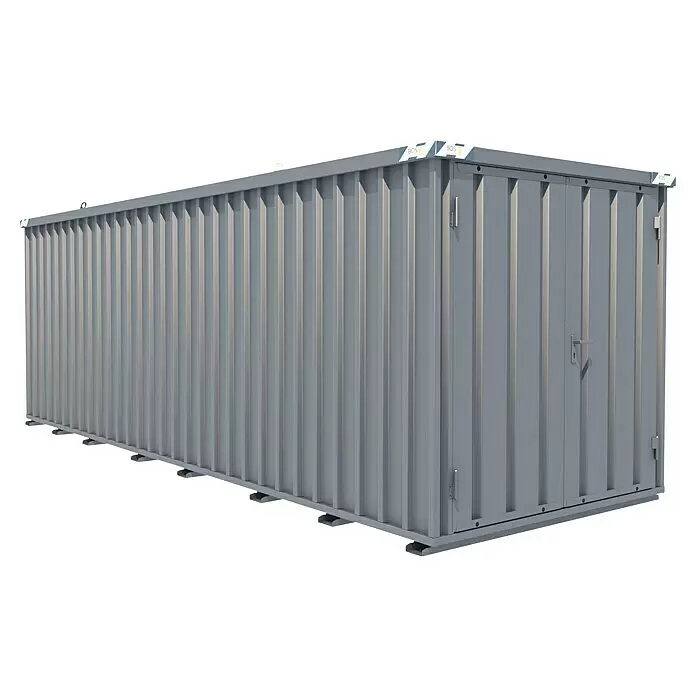 BOS Best of Steel Schnellbaucontainer SC3000+6X2-SZ - 6 x 2,1 x 2,1 m, Stahl, Doppeltür - Grauer Wellblech-Lagercontainer mit Seitentür und Basishalterungen.