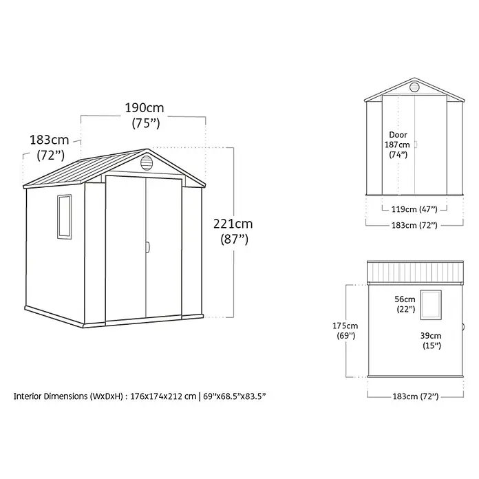Keter Gartenhaus Darwin 6x6 - Außenmaß inkl. Dachüberstand (B x T): 190 x 183 cm, Kunststoff, Grün, 3,477 m² - Abmessungen des Gartenhauses mit Tür, Fenster und Dach, einschließlich Höhe, Breite und Tiefe in cm und Zoll.