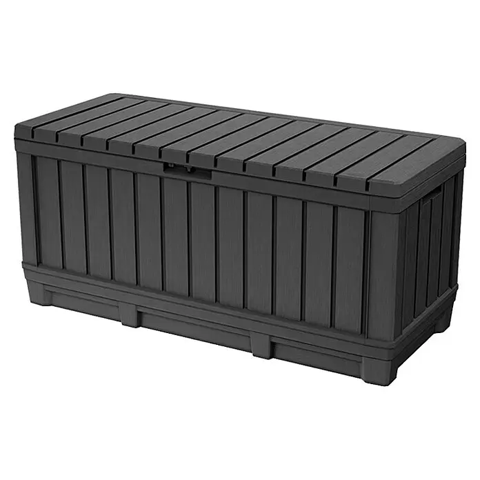 Keter Arcón para cojines de exterior Kentwood - L x An x Al: 128 x 53,6 x 59 cm, Plástico, Gris - Baúl de almacenamiento exterior de plástico gris oscuro con tapa de lamas y paneles verticales.