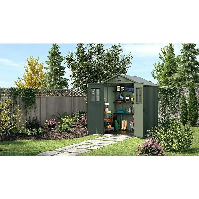 Keter Gartenhaus Darwin 6x6 - Außenmaß inkl. Dachüberstand (B x T): 190 x 183 cm, Kunststoff, Grün, 3,477 m² - Ein geräumiges Gartenhaus aus Metall mit geöffneten Türen und viel Stauraum für Gartengeräte und Zubehör.