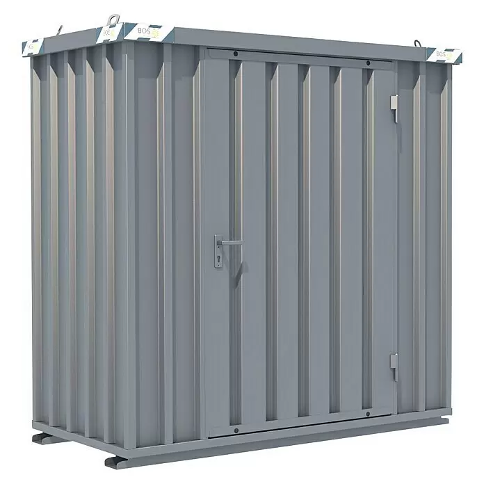 BOS Best of Steel Schnellbaucontainer SC3000+1X2-SE - 1 x 2,1 x 2,1 m, Stahl, Einzeltür - Grauer Wellblech-Lagercontainer mit einer Tür und oberen Hebeösen.