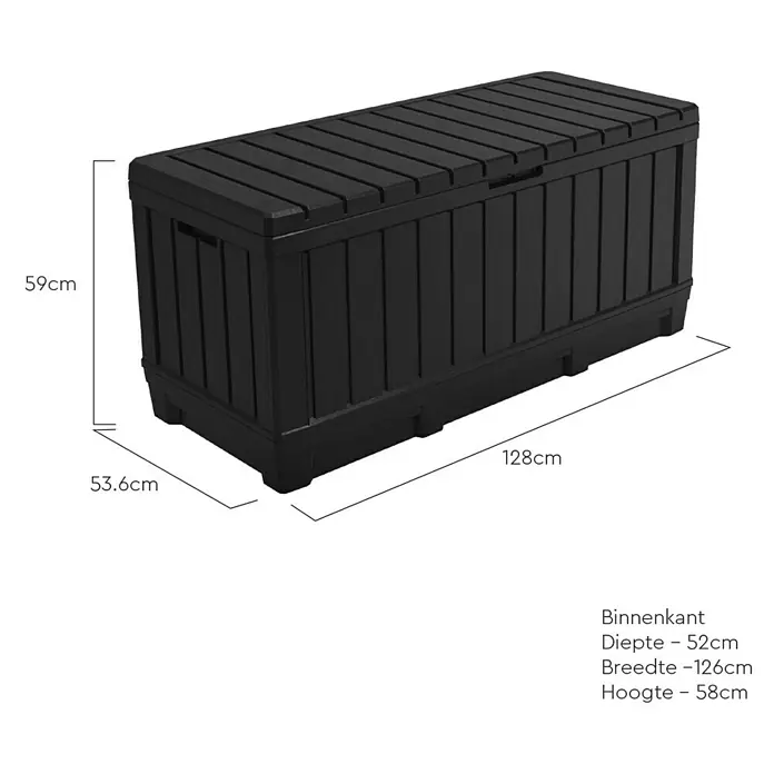 Keter Garten-Aufbewahrungsbox Kentwood - L x B x H: 128 x 53,6 x 59 cm, Kunststoff - Bild eines schwarzen Aufbewahrungskoffers mit den Maßen 59 cm Höhe, 53,6 cm Tiefe und 128 cm Breite.