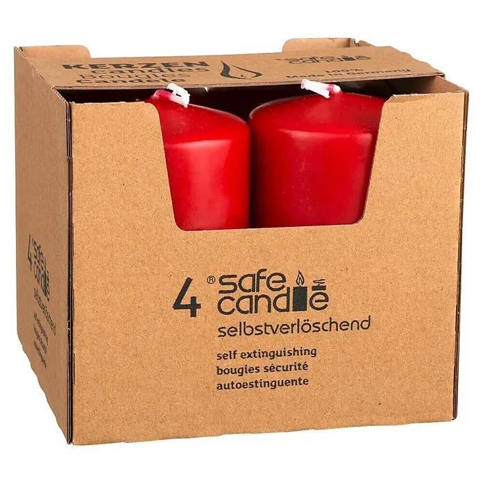 Stumpenkerzen-Set Safe Candle - 4 Stk., Ø x H: 6 x 10 cm, Rubin - 4 rote Safe Candles selbstverlöschend im Karton, ideal für eine sichere und gemütliche Atmosphäre. 100 % Made in Germany.