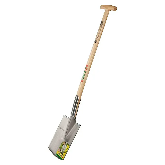 Gardol Gärtnerspaten - Arbeitsbreite: 18,5 cm, T-Stiel - Ein Spaten der Marke Gardol mit einem T-Griff aus Holz und einem silbernen Blatt. Zum Umgraben oder Ausheben von Erde im Garten.