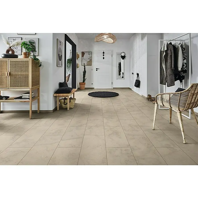 LOGOCLIC Aquaprotect Laminat - Arosa, Fliese, 638 x 330 x 8 mm - Helle Bodenfliesen im Innenbereich. Elegante Keramikfliesen in Beige für ein modernes Wohnambiente mit natürlicher Marmoroptik und zeitlosem Design.