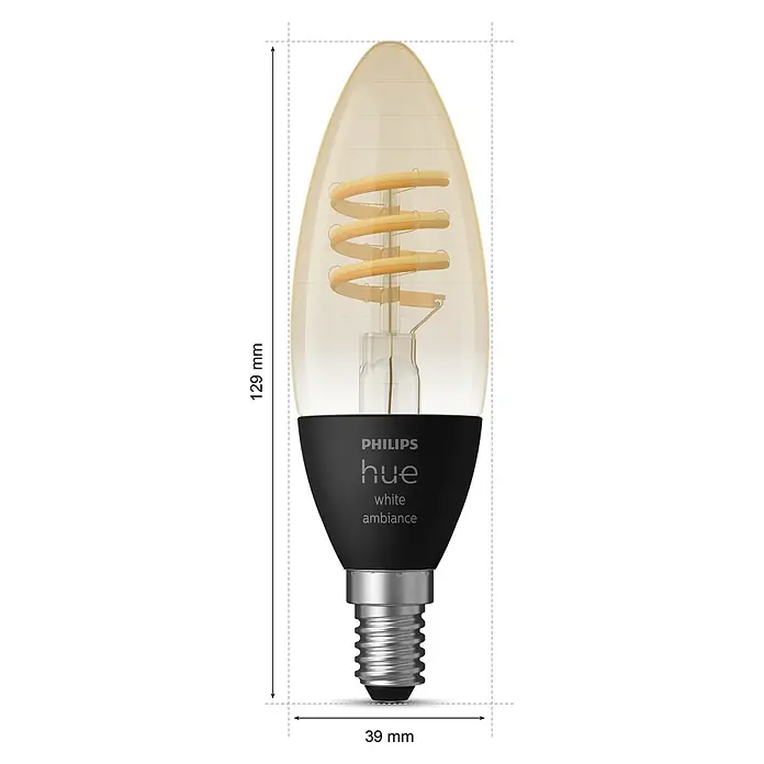 Philips Hue LED-Lampe Filament Classic White Ambiance - E14, 350 lm, Einstellbare Farbtemperatur, 2 Stk. - Nahaufnahme einer Philips Hue White Ambiance Kerzenlampe, die ihr warmes, dimmbares Licht zeigt. Ideal für stimmungsvolle Beleuchtung.