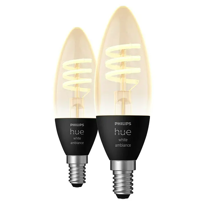 Philips Hue LED-Lampe Filament Classic White Ambiance - E14, 350 lm, Einstellbare Farbtemperatur, 2 Stk. - Nahaufnahme von zwei Philips Hue White Ambiance Kerzenlampen mit spiralförmigem Filament und E14-Sockel für eine stimmungsvolle Beleuchtung.