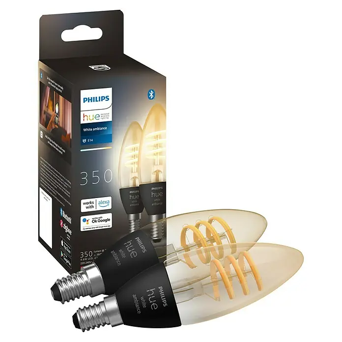 Philips Hue LED-Lampe Filament Classic White Ambiance - E14, 350 lm, Einstellbare Farbtemperatur, 2 Stk. - Ein Foto von Philips Hue White Ambiance E14-Glühbirnen, die intelligente Beleuchtungslösungen für ein gemütliches Ambiente bieten.