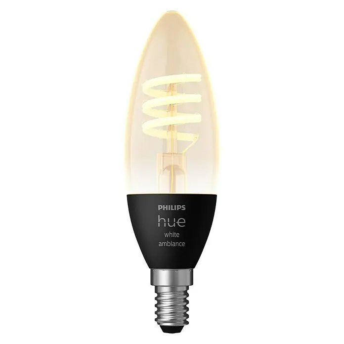 Philips Hue LED-Lampe Filament Classic White Ambiance - E14, 350 lm, Einstellbare Farbtemperatur, 1 Stk. - Eine Philips Hue White Ambiance Glühbirne im Kerzenstil, die warmes, dimmbares Licht für eine angenehme Atmosphäre bietet.