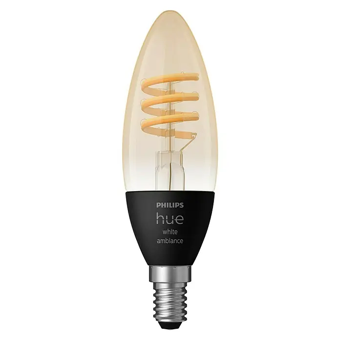 Philips Hue LED-Lampe Filament Classic White Ambiance - E14, 350 lm, Einstellbare Farbtemperatur, 1 Stk. - Eine Philips Hue White Ambiance Filament Kerzenlampe mit einem spiralförmigen LED-Faden und einem E14-Sockel. Die smarte Lampe sorgt für warmweißes Licht.