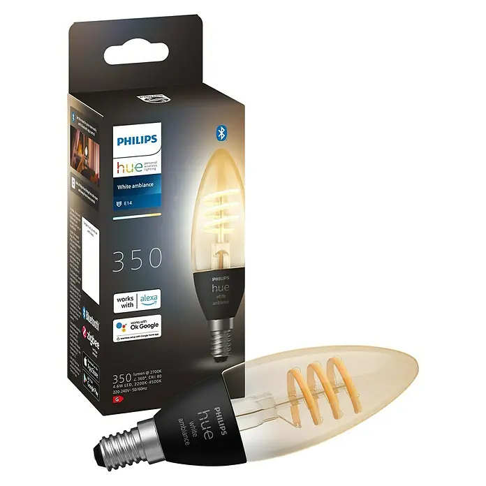 Philips Hue LED-Lampe Filament Classic White Ambiance - E14, 350 lm, Einstellbare Farbtemperatur, 1 Stk. - Philips Hue White Ambiance E14 LED-Lampe mit Bluetooth und Sprachsteuerung. Ideal für stimmungsvolles Licht in jedem Raum.