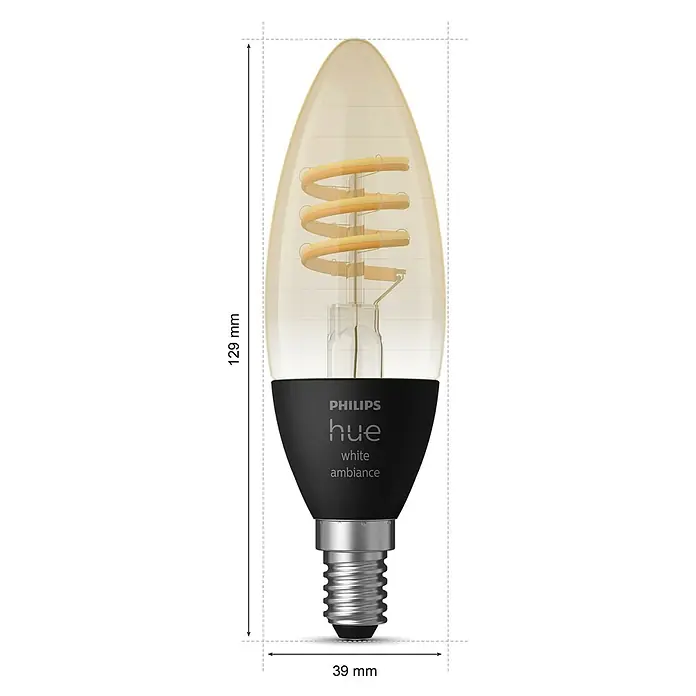 Philips Hue LED-Lampe Filament Classic White Ambiance - E14, 350 lm, Einstellbare Farbtemperatur, 1 Stk. - Abbildung einer Philips Hue White Ambiance Kerzenlampe mit E14-Fassung. Die smarte LED Lampe bietet verschiedene Weißtöne für individuelles Licht.
