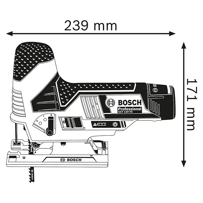Bosch Professional Akku-Stichsäge GST 12V-70 - 12 V, Li-Ionen, Ohne Akku, Leerlaufhubzahl: 1.500 /min - 2.800 /min - Abbildung einer Bosch GST 12V-70 Professional Stichsäge mit den Abmessungen 239 mm Länge und 171 mm Höhe.