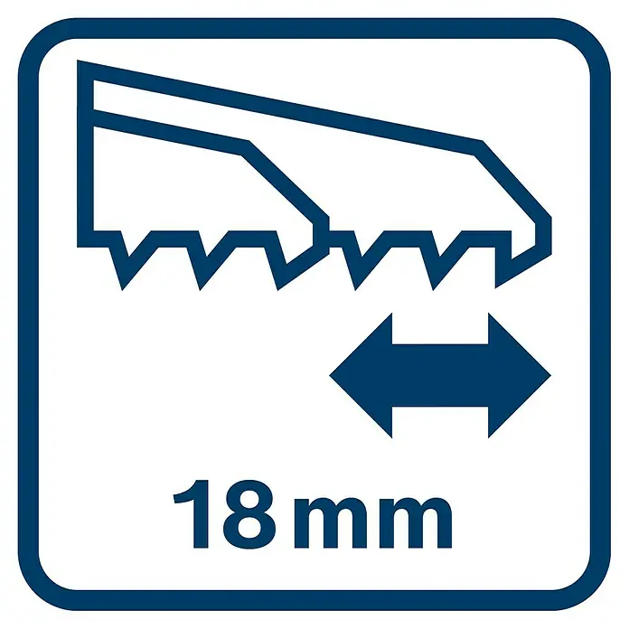 Bosch Professional Akku-Stichsäge GST 12V-70 - 12 V, Li-Ionen, Ohne Akku, Leerlaufhubzahl: 1.500 /min - 2.800 /min - Sägeblatt-Symbol mit einer Schnittbreite von 18 mm, dargestellt durch einen blauen Pfeil.